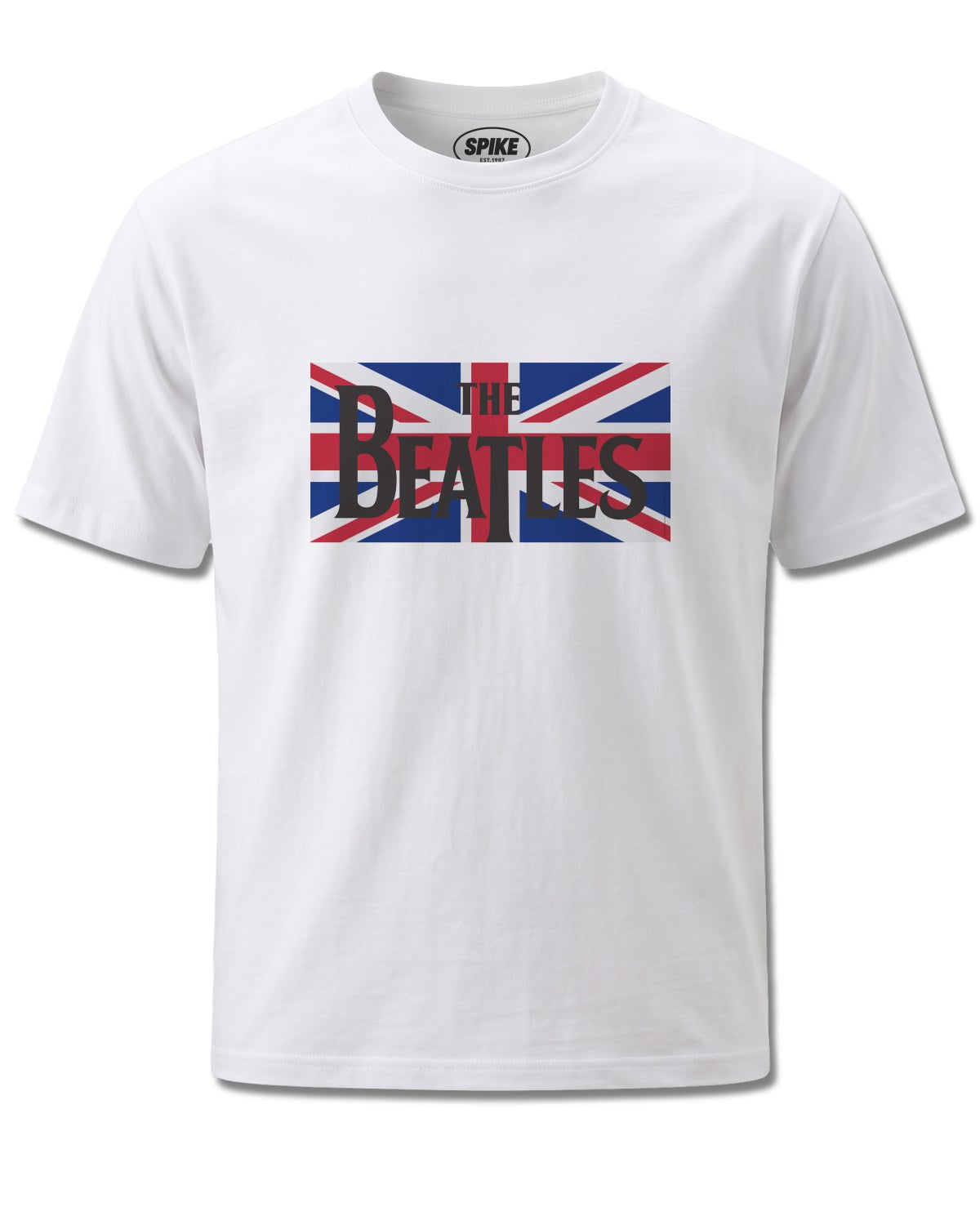 Beatles Union Jack (The Beatles) design, front view on White M137, Rock Off Retail official merch