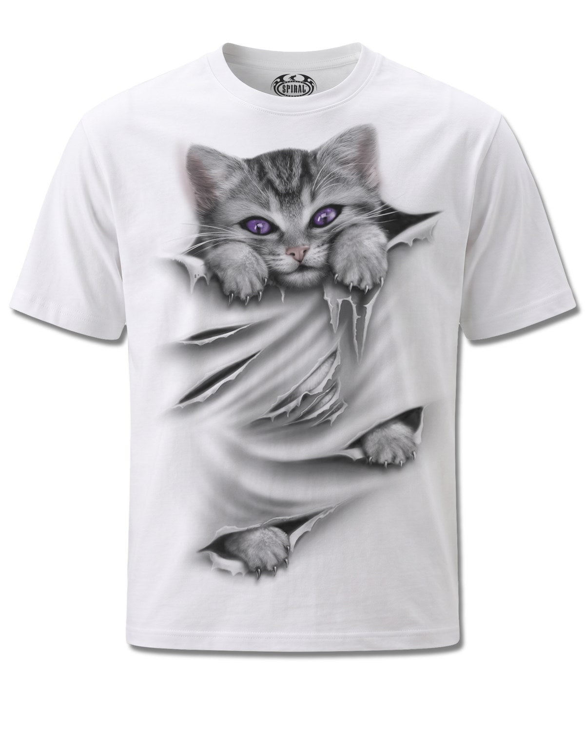 Spiral Bright Eyes design, front view on White M137, Rock Off Retail official merch