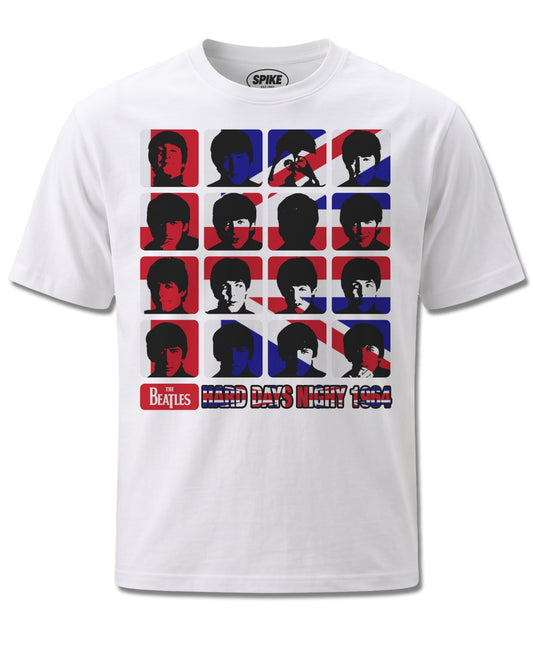 Beatles Hard Days Night (The Beatles) design, front view on White M137, Rock Off Retail official merch