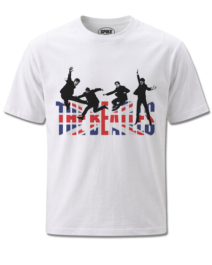 Beatles Jumping Union Jack (The Beatles) design, front view on White M137, Rock Off Retail official merch