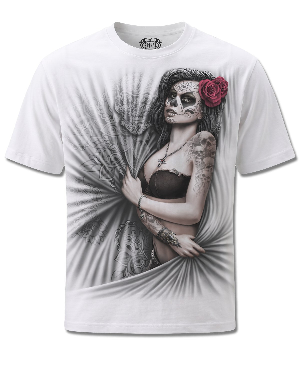 Spiral Dead Love design, front view on White M137, Rock Off Retail official merch