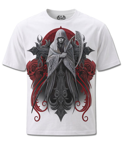 Spiral Reaperess design, front view on White M137, Rock Off Retail official merch