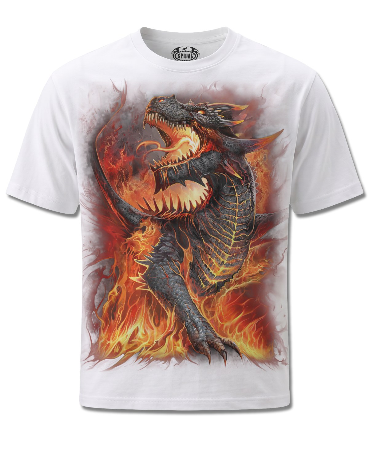 Spiral Draconis design, front view on White M137, Rock Off Retail official merch