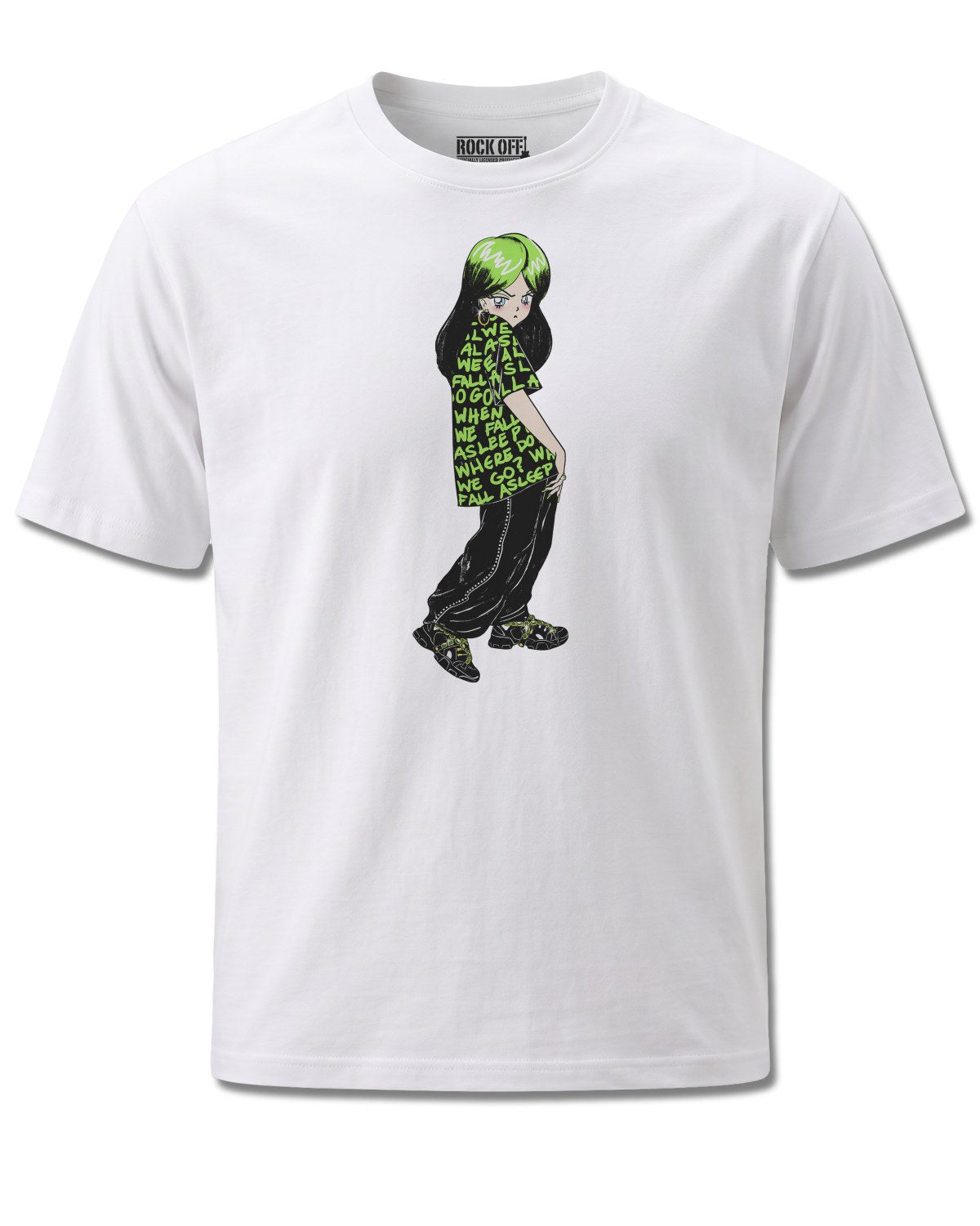 Billie Eilish Anime Billie (Billie Eilish) design, front view on White M137, Rock Off Retail official merch