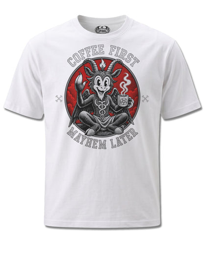 Spiral Coffee And Mayhem design, front view on White M137, Rock Off Retail official merch