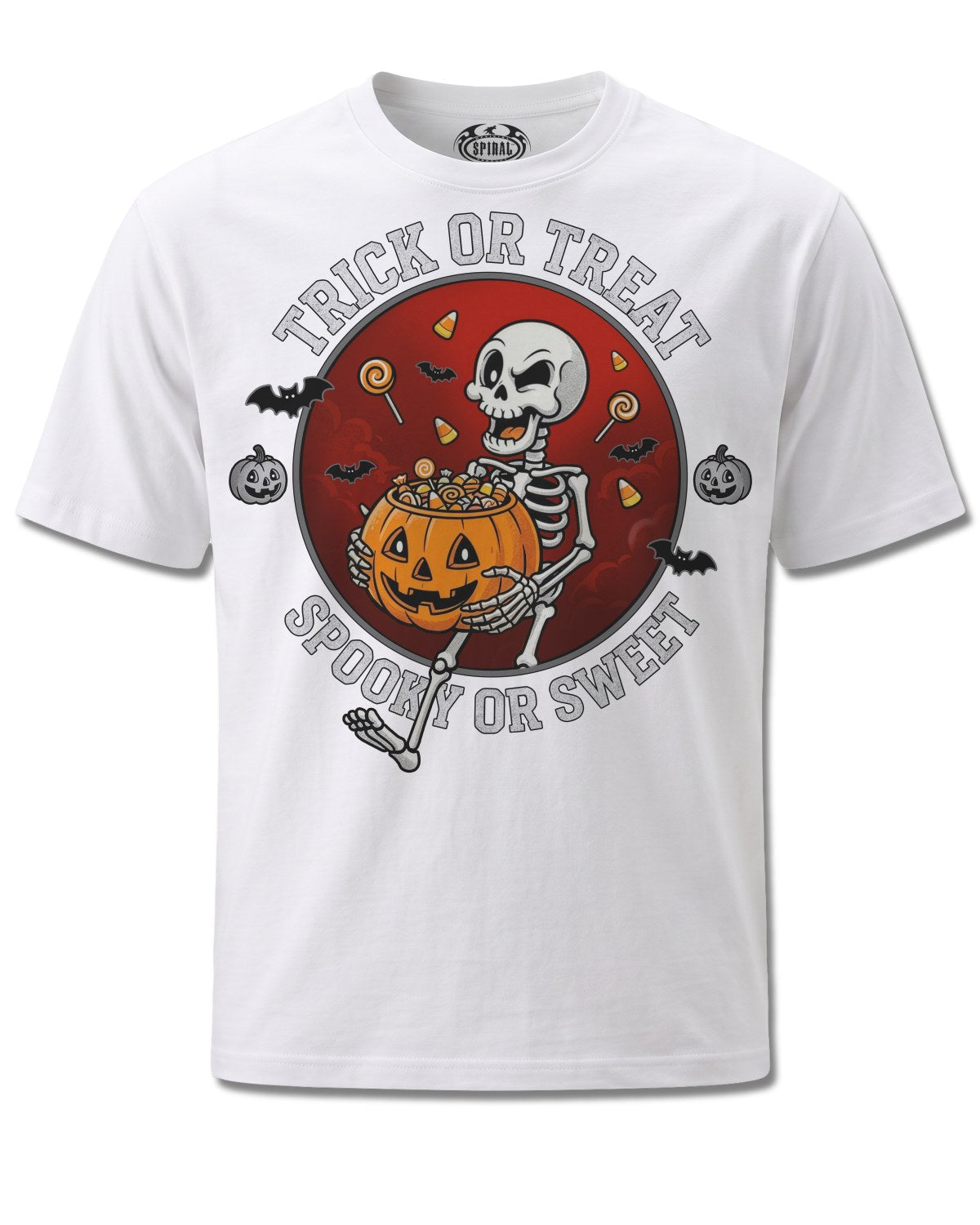 Spiral Spooky Or Sweet design, front view on White M137, Rock Off Retail official merch