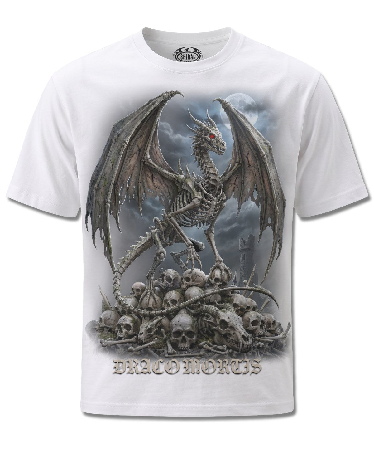 Spiral Draco Mortis design, front view on White M137, Rock Off Retail official merch