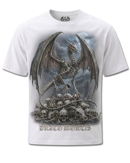 Spiral Draco Mortis design, front view on White M137, Rock Off Retail official merch