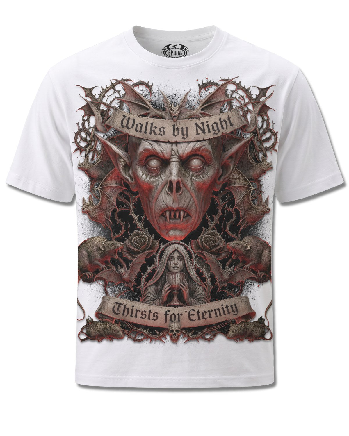 Spiral Walks By Night design, front view on White M137, Rock Off Retail official merch