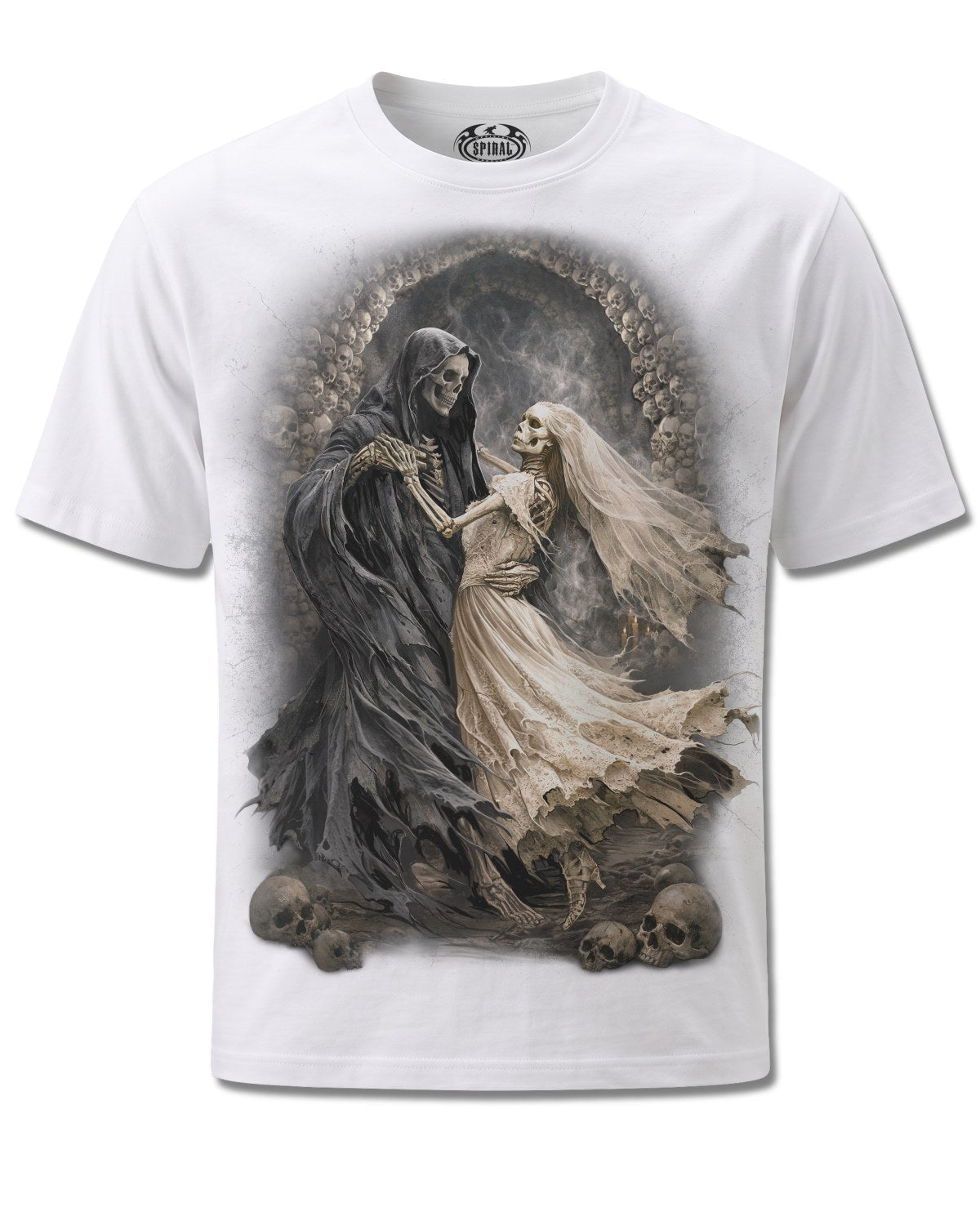 Spiral Last Dance design, front view on White M137, Rock Off Retail official merch