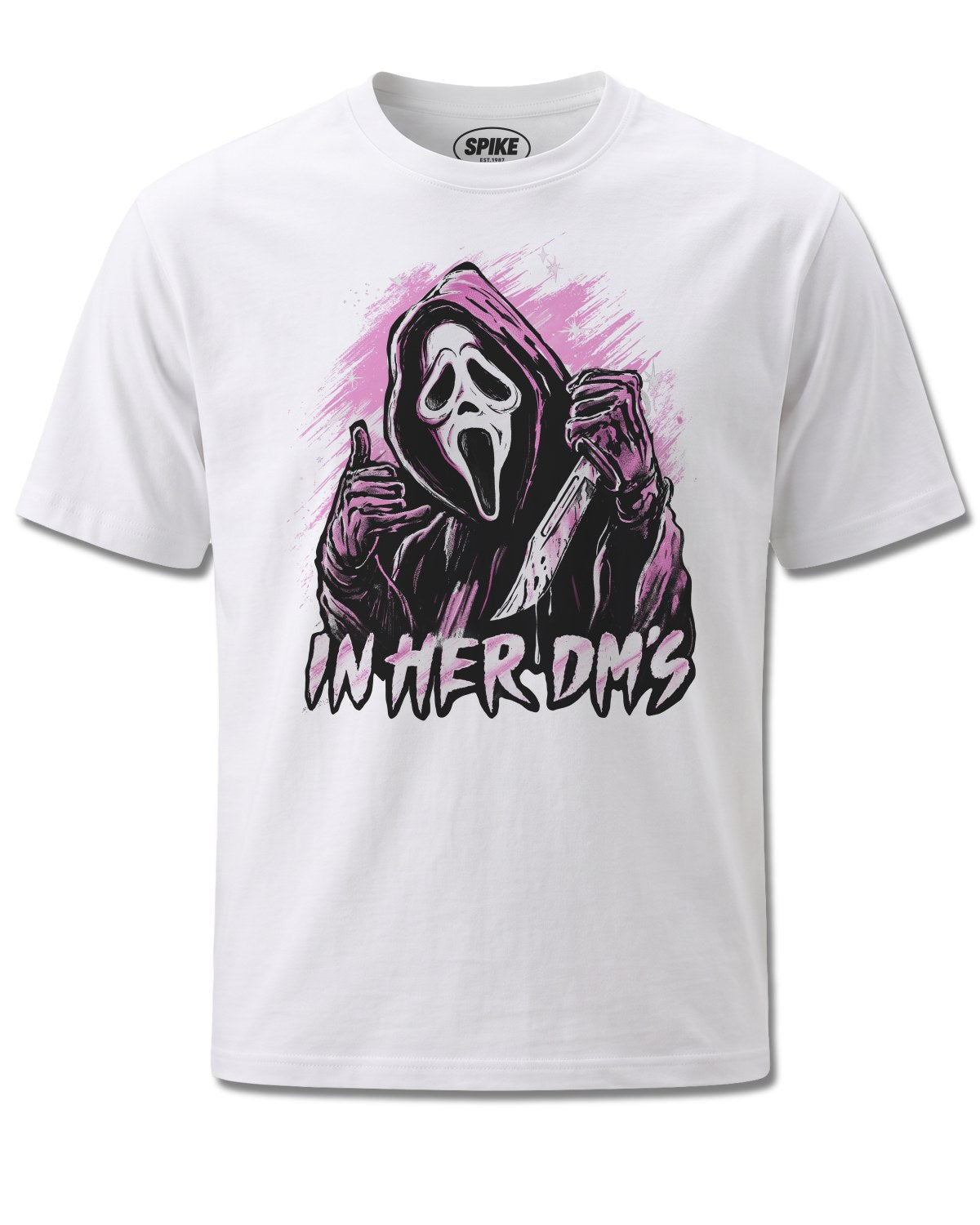 Ghost Face In Her Dm's (Ghost Face) design, front view on White M137, Rock Off Retail official merch