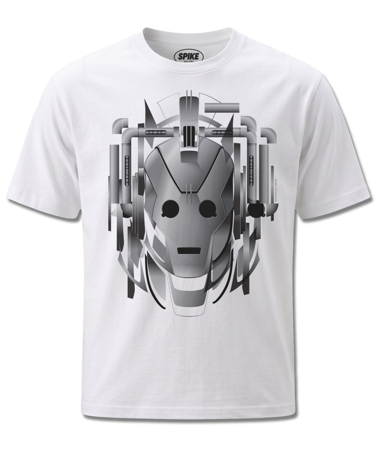 Dr Who Exploding Cyberman (Dr Who) design, front view on White M137, Rock Off Retail official merch