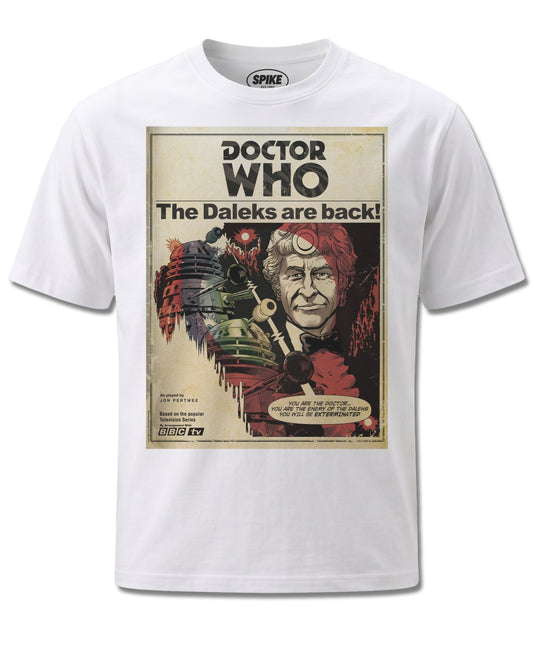 Dr Who Doctor Who The Daleks Are Back (Dr Who) design, front view on White M137, Rock Off Retail official merch