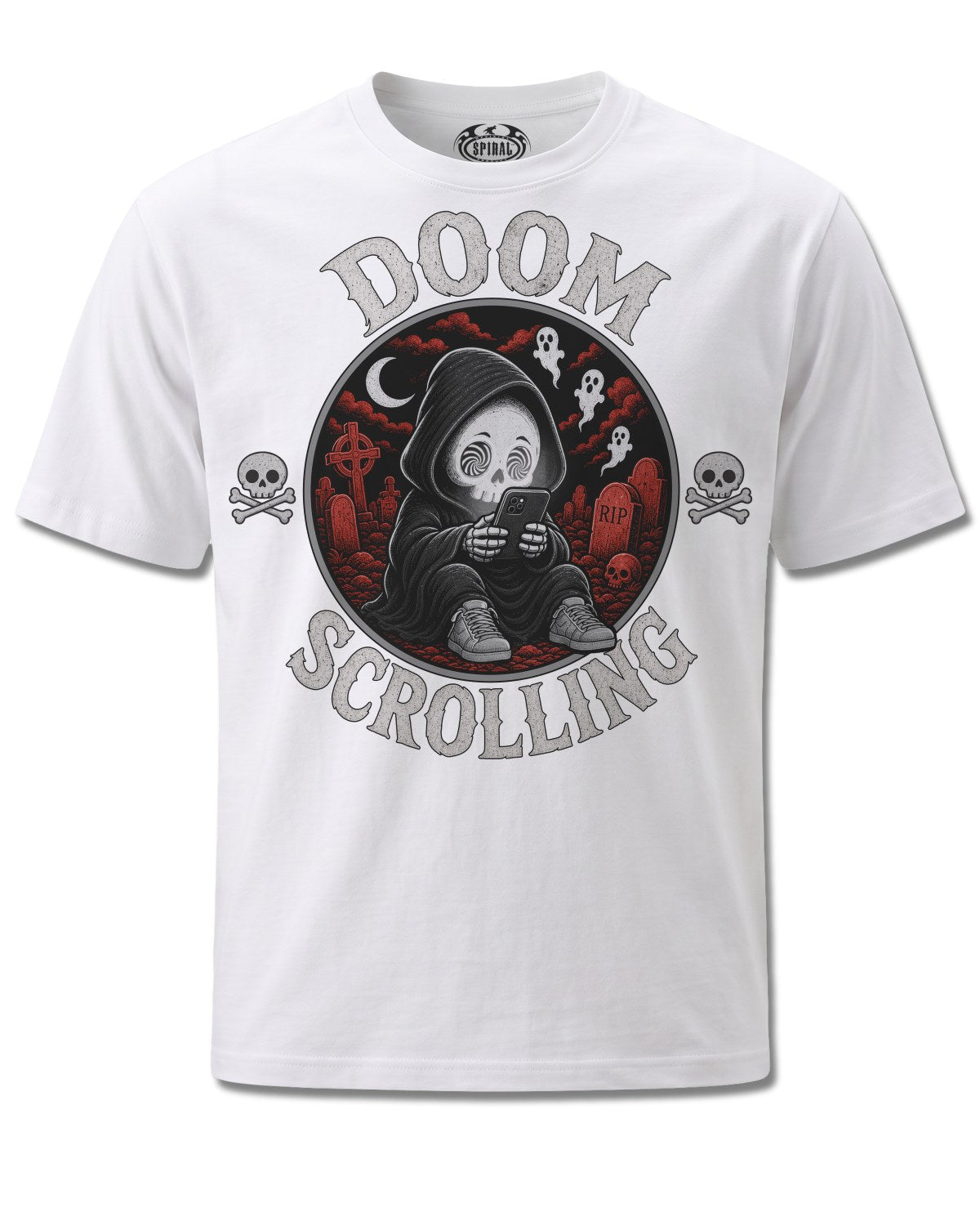Spiral Doom Scrolling design, front view on White M137, Rock Off Retail official merch