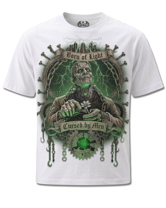 Spiral Cursed By Men design, front view on White M137, Rock Off Retail official merch