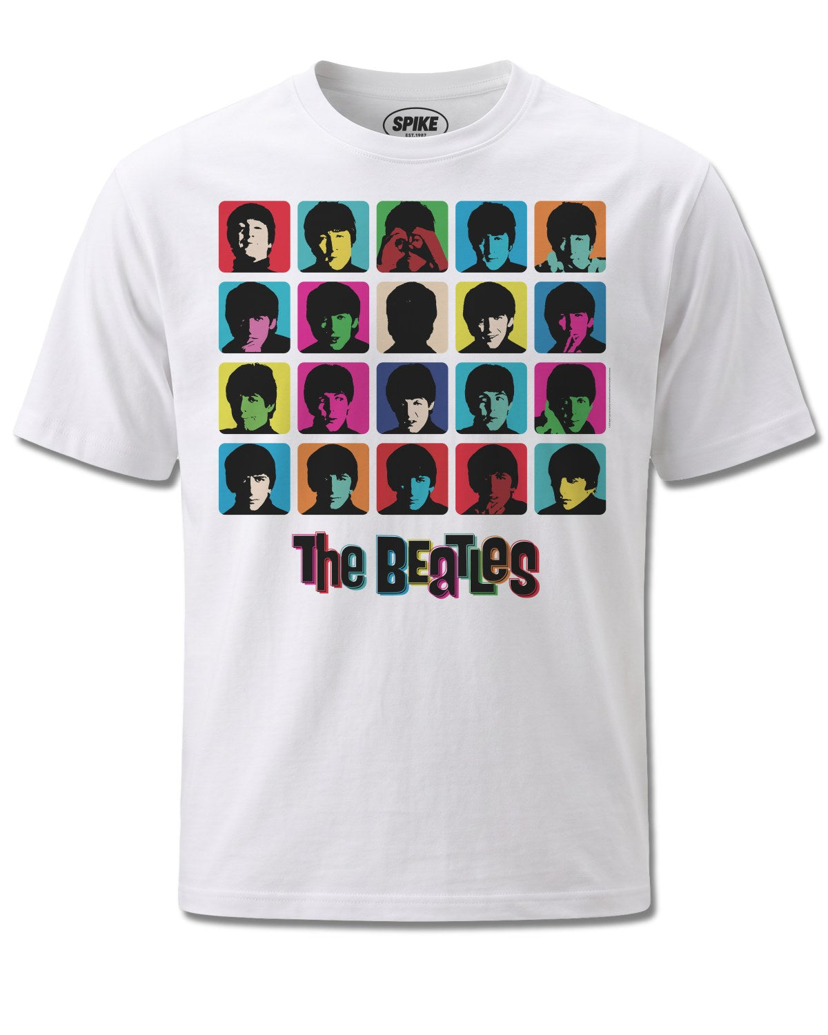 Beatles Hard Day's Night Multi Colour (The Beatles) design, front view on White M137, Rock Off Retail official merch