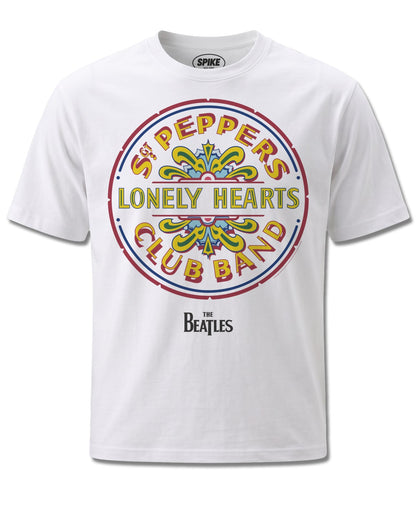 Beatles Lonely Hearts (The Beatles) design, front view on White M137, Rock Off Retail official merch