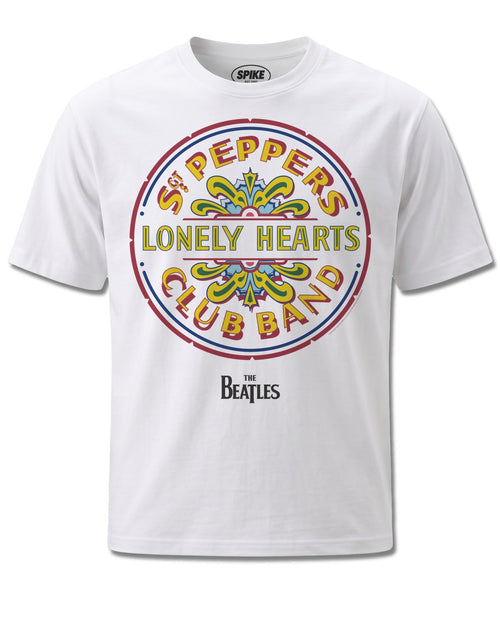 Beatles Lonely Hearts (The Beatles) design, front view on White M137, Rock Off Retail official merch