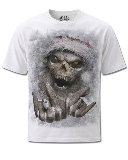 Spiral Rock Santa design, front view on White M137, Rock Off Retail official merch
