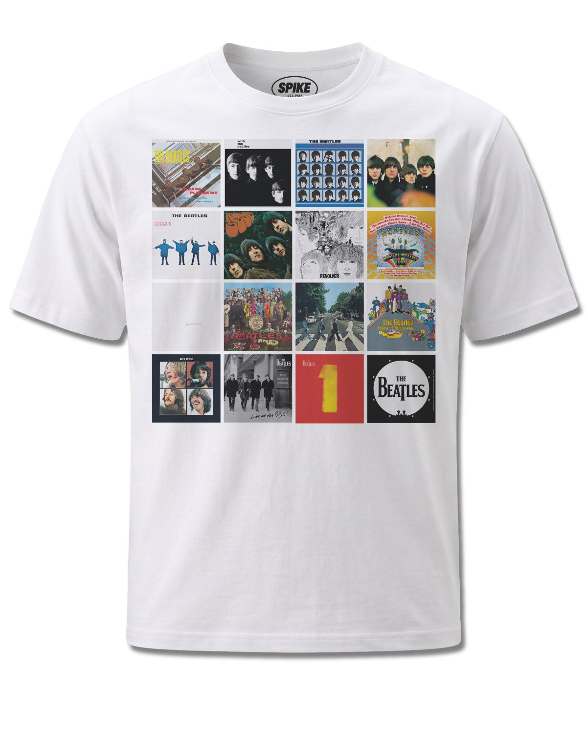 Beatles Album Covers (The Beatles) design, front view on White M137, Rock Off Retail official merch