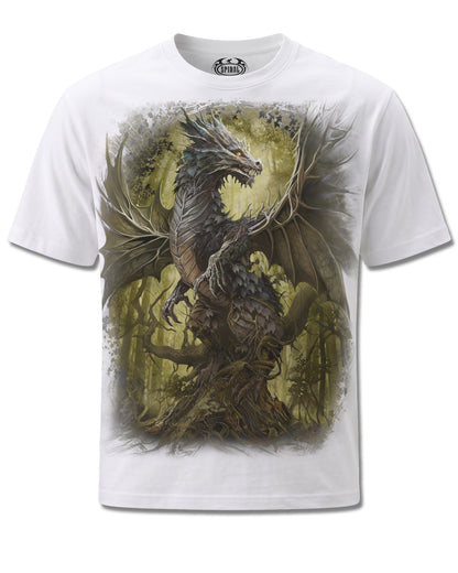 Spiral Oak Dragon design, front view on White M137, Rock Off Retail official merch