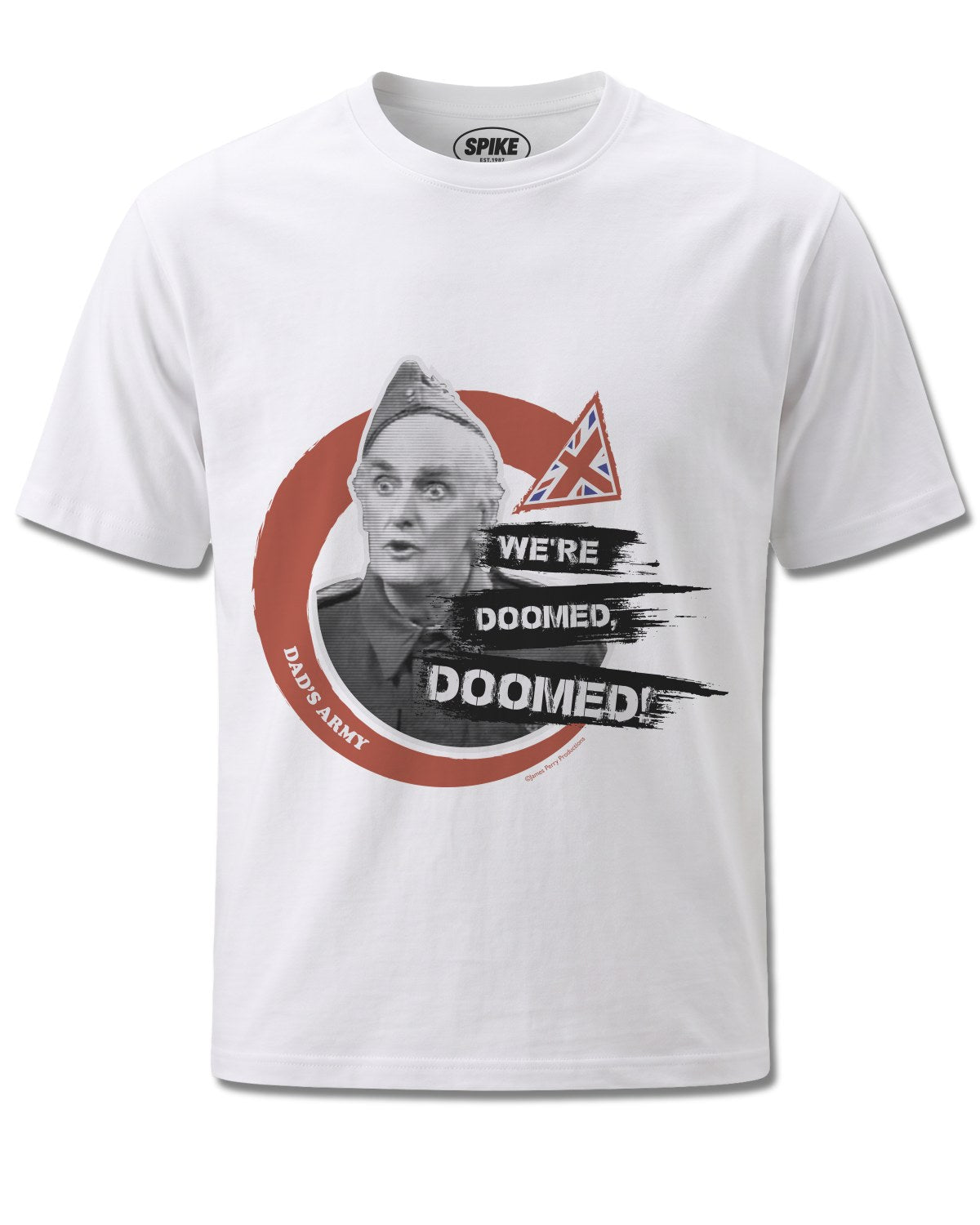 Dads Army We're Doomed (Dads Army) design, front view on White M137, Rock Off Retail official merch