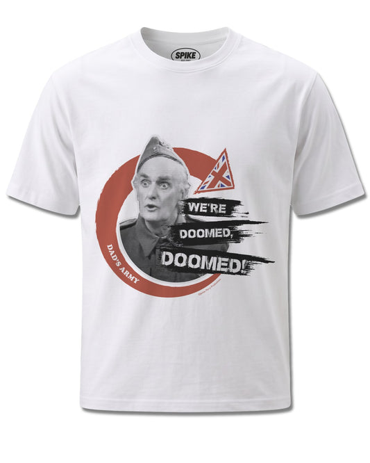 Dads Army We're Doomed (Dads Army) design, front view on White M137, Rock Off Retail official merch