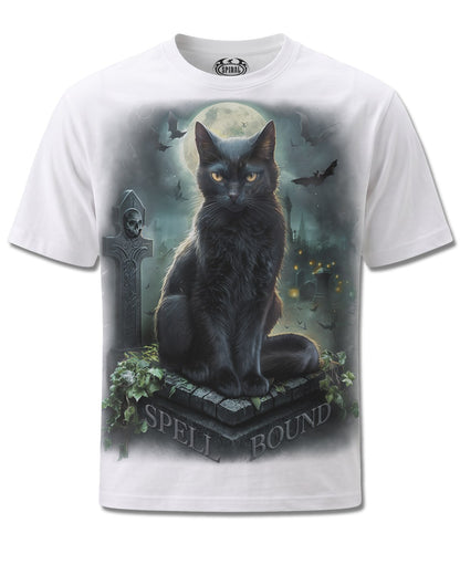 Spiral Spell Bound design, front view on White M137, Rock Off Retail official merch