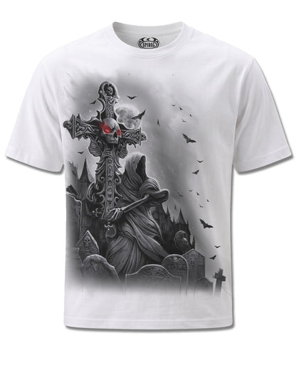 Spiral Grave Walker design, front view on White M137, Rock Off Retail official merch