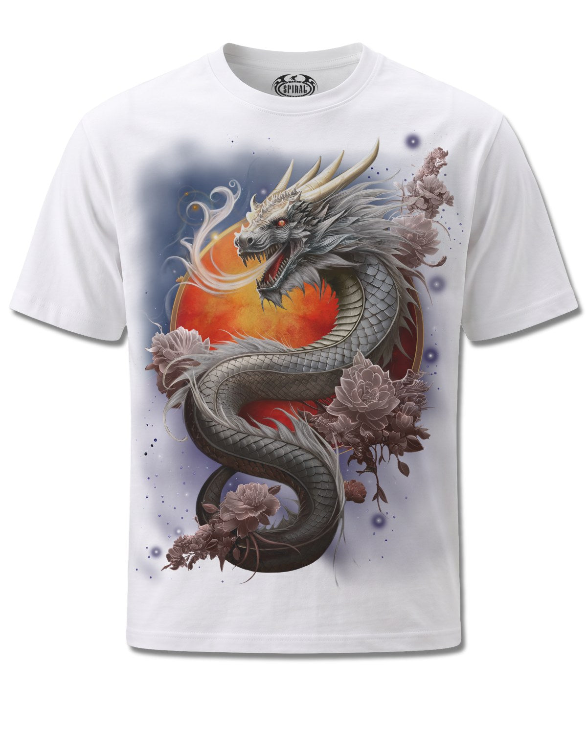 Spiral Sun Dragon design, front view on White M137, Rock Off Retail official merch