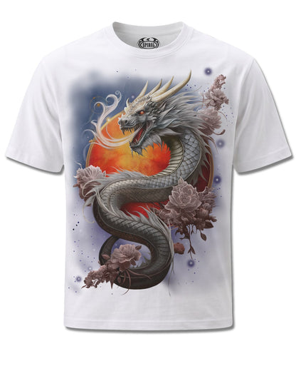 Spiral Sun Dragon design, front view on White M137, Rock Off Retail official merch