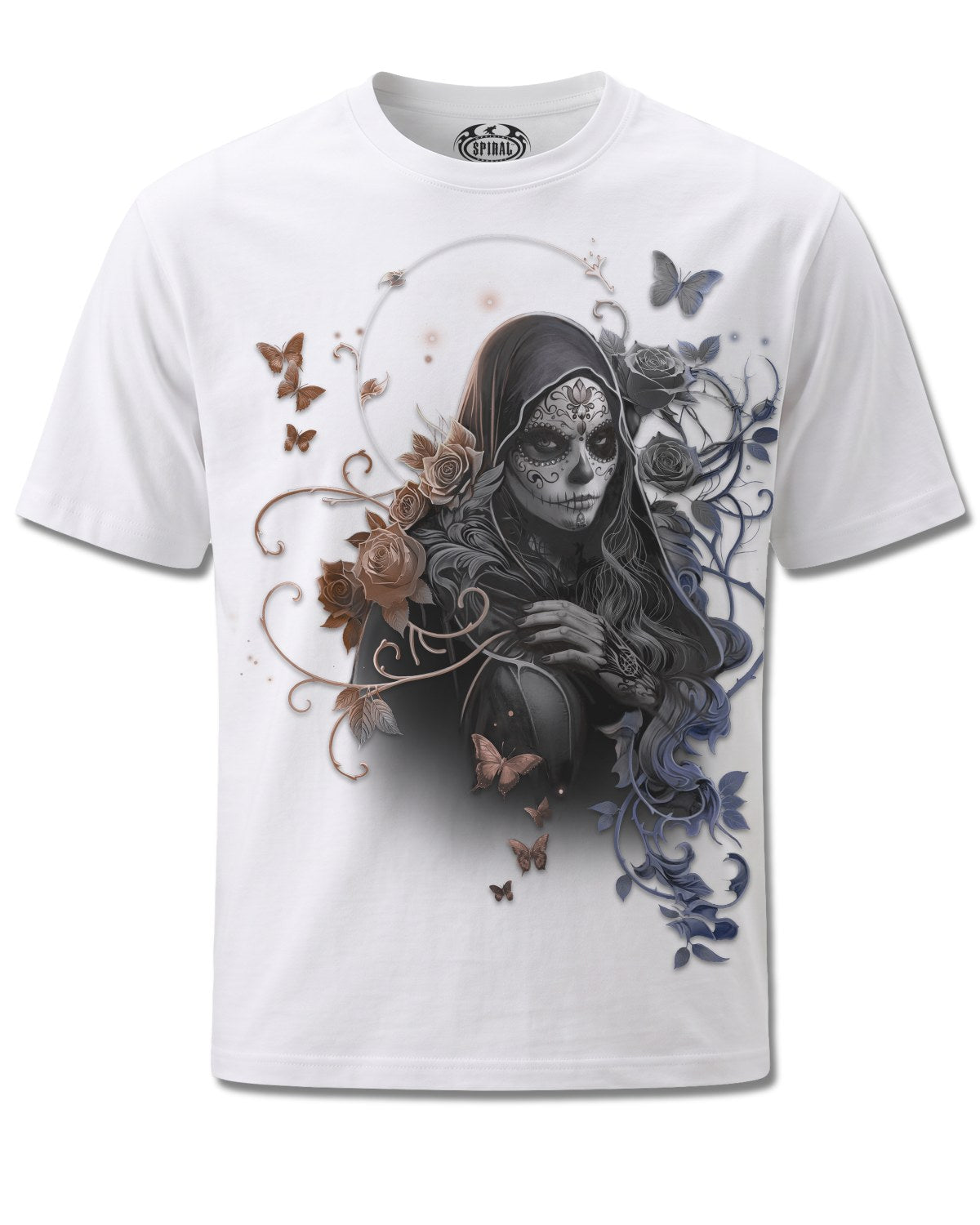 Spiral Gothic Grace design, front view on White M137, Rock Off Retail official merch