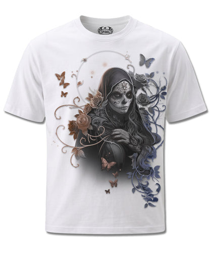 Spiral Gothic Grace design, front view on White M137, Rock Off Retail official merch