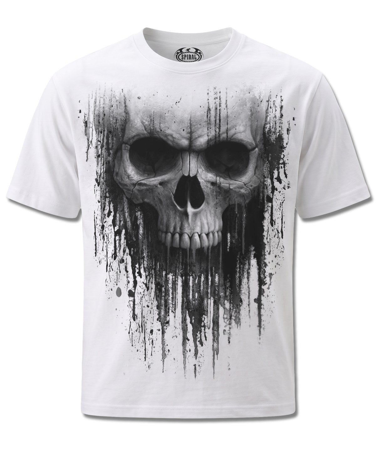 Spiral Acid Skull design, front view on White M137, Rock Off Retail official merch