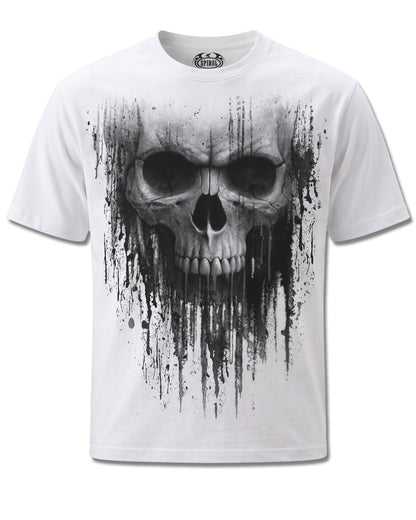 Spiral Acid Skull design, front view on White M137, Rock Off Retail official merch