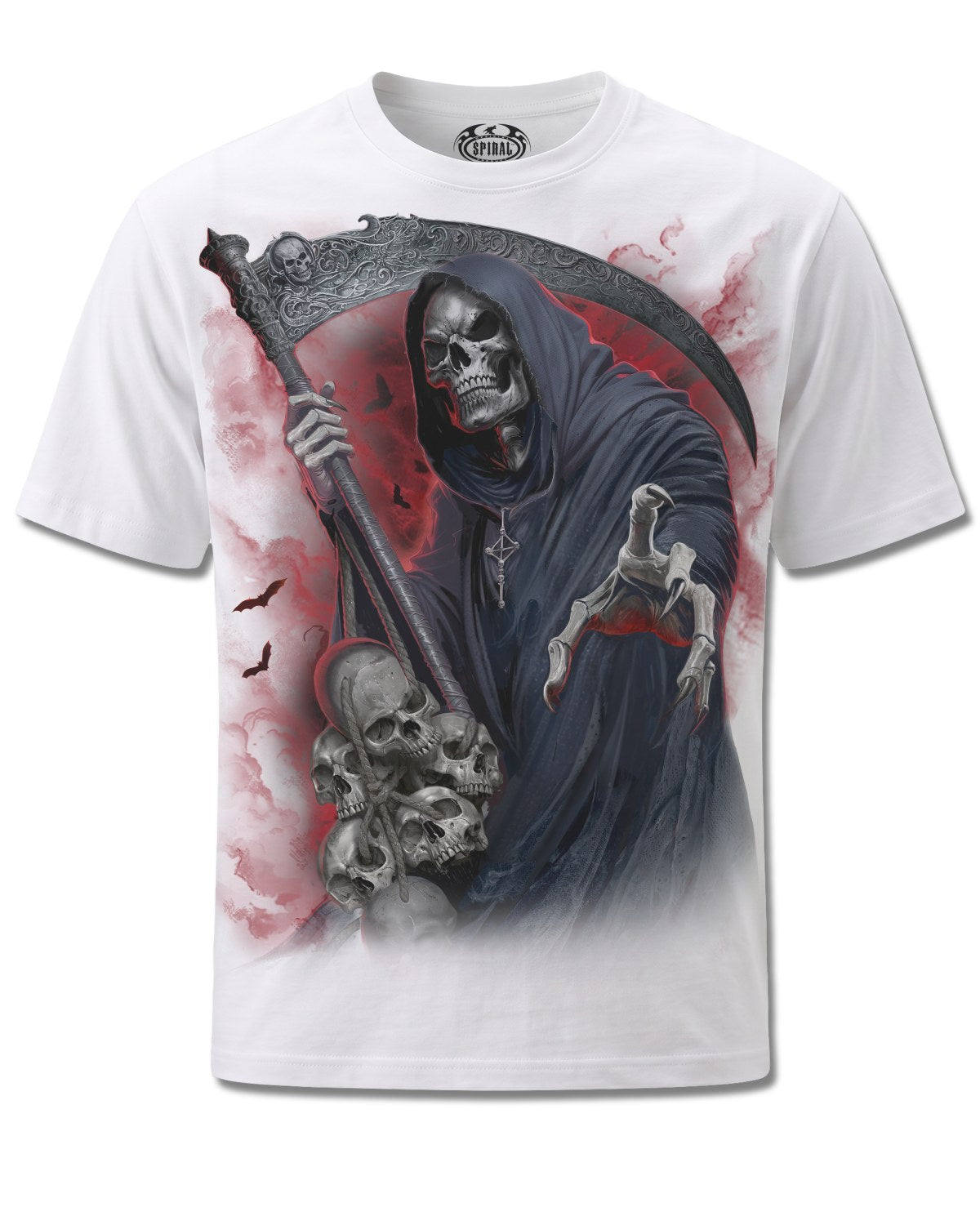 Spiral Reaper Revenge design, front view on White M137, Rock Off Retail official merch