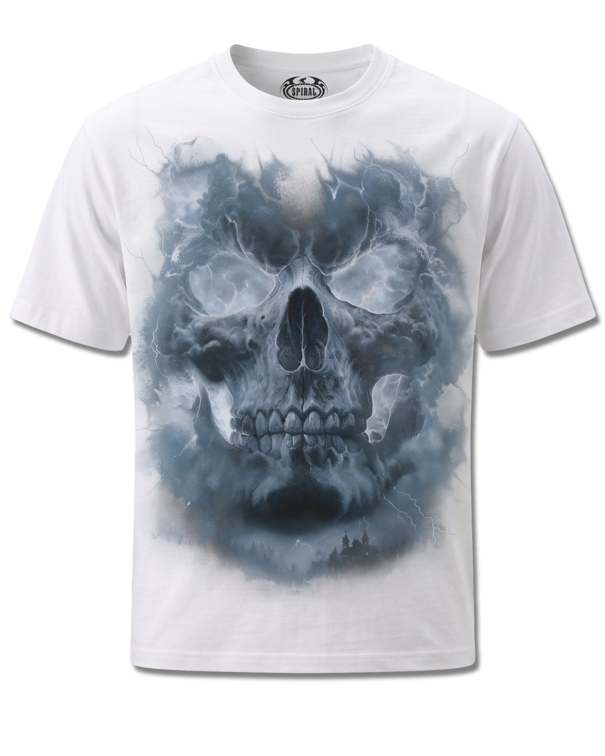 Spiral Grave Skies design, front view on White M137, Rock Off Retail official merch
