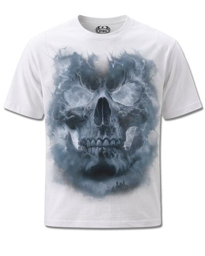 Spiral Grave Skies design, front view on White M137, Rock Off Retail official merch