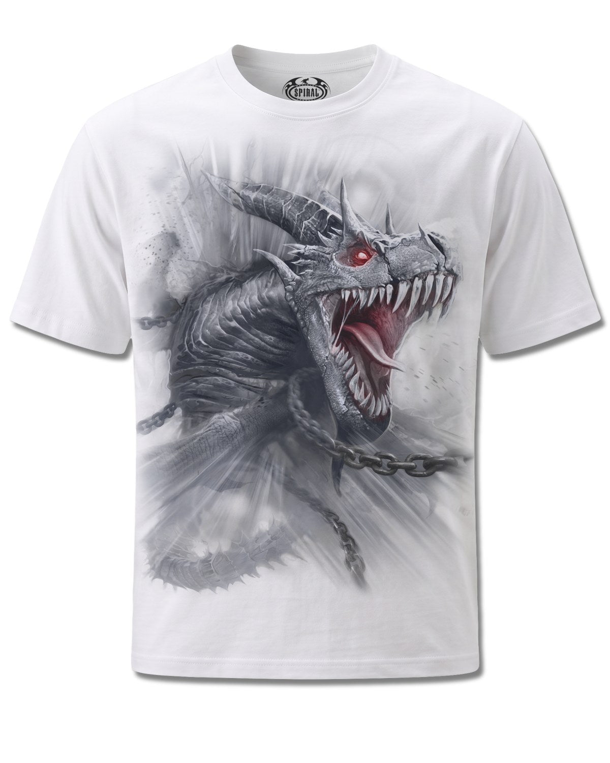 Spiral Dragon's Cry design, front view on White M137, Rock Off Retail official merch