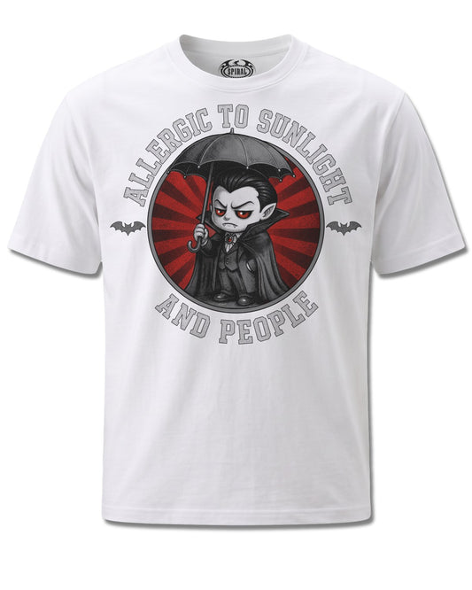 Spiral Allergies design, front view on White M137, Rock Off Retail official merch
