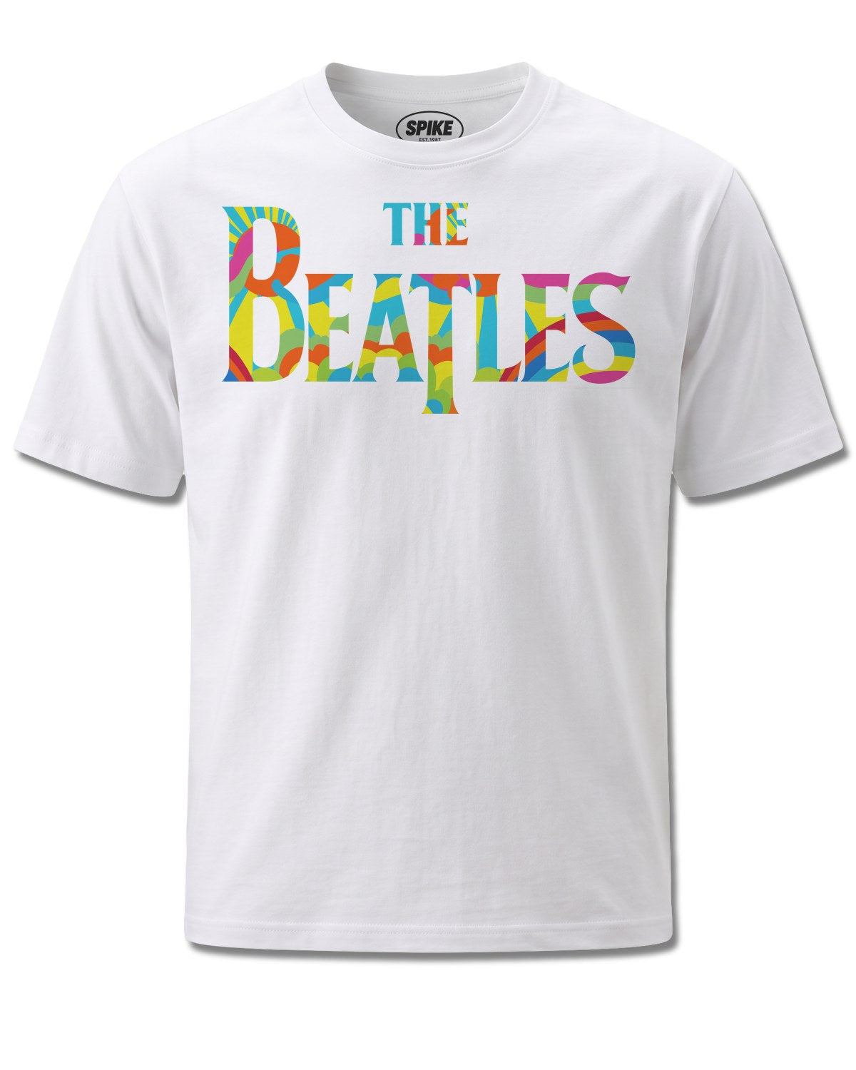 Beatles Rainbow Logo (The Beatles) design, front view on White M137, Rock Off Retail official merch