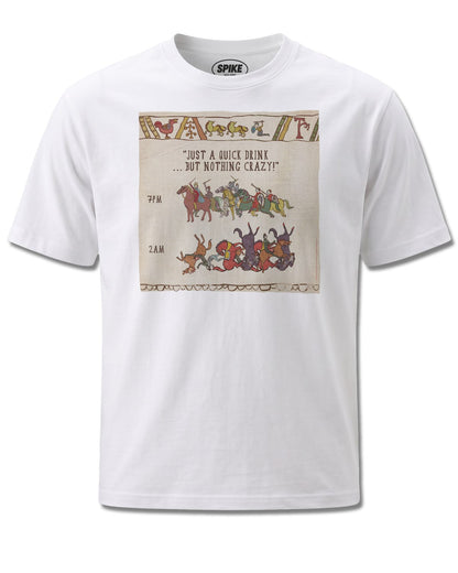 Hysterical Heritage Just A Quick Drink (Hysterical Heritage) design, front view on White M137, Rock Off Retail official merch