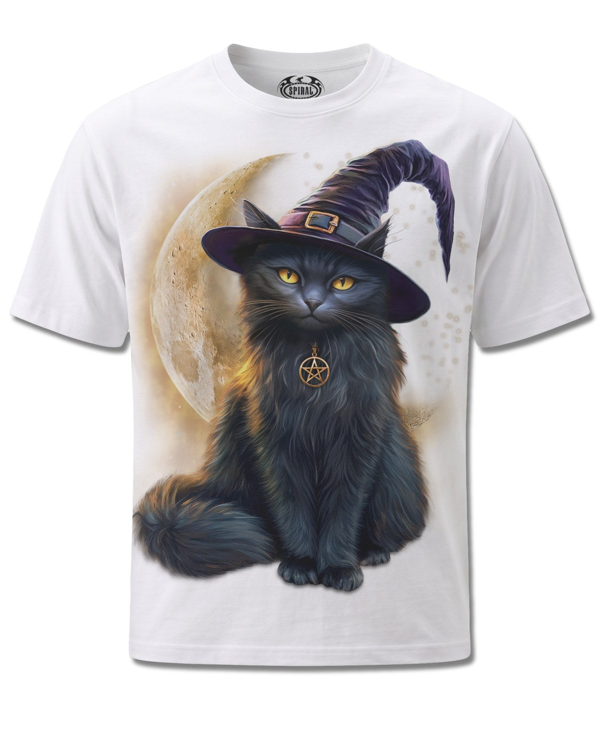 Spiral Familiar Magic design, front view on White M137, Rock Off Retail official merch