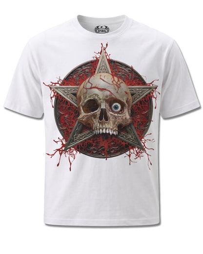 Spiral Creeping Curse design, front view on White M137, Rock Off Retail official merch