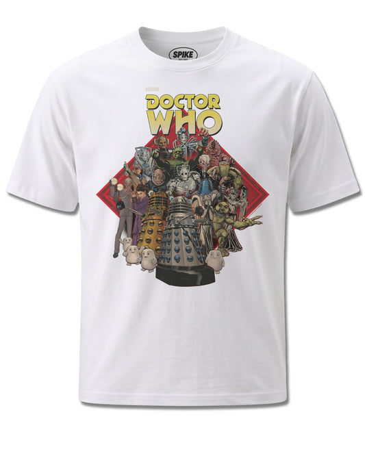 Dr Who Monsters Through The Ages (Dr Who) design, front view on White M137, Rock Off Retail official merch