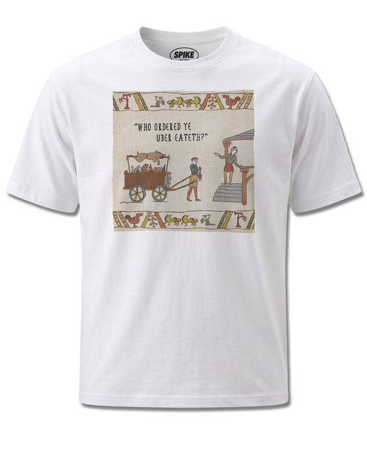 Hysterical Heritage Uber Eateth (Hysterical Heritage) design, front view on White M137, Rock Off Retail official merch