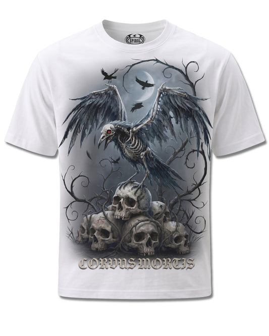 Spiral Corvus Mortis design, front view on White M137, Rock Off Retail official merch
