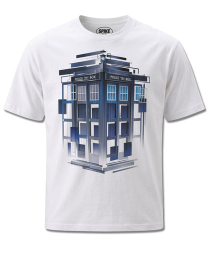 Dr Who Exploding Tardis (Dr Who) design, front view on White M137, Rock Off Retail official merch