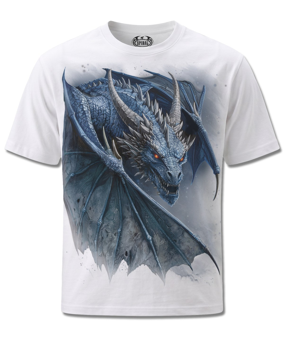 Spiral Storm Dragon design, front view on White M137, Rock Off Retail official merch