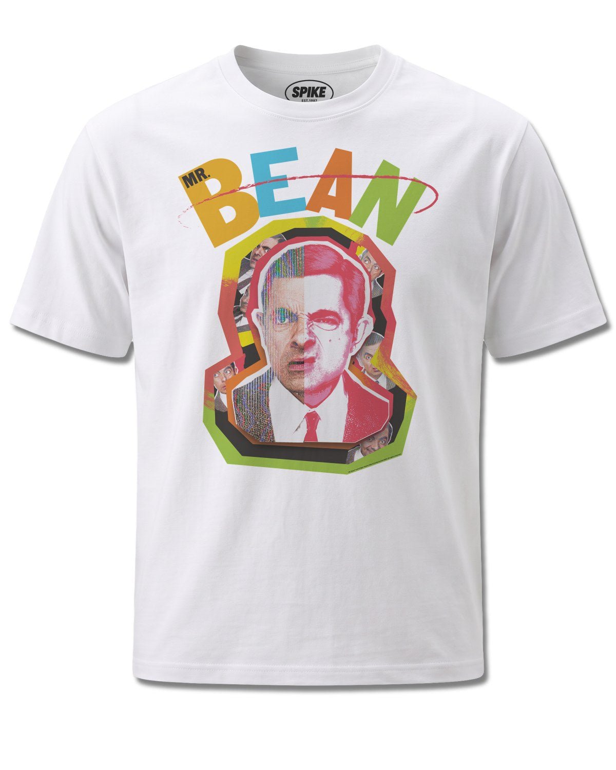 Mr Bean Collage Cut Out (Mr Bean) design, front view on White M137, Rock Off Retail official merch